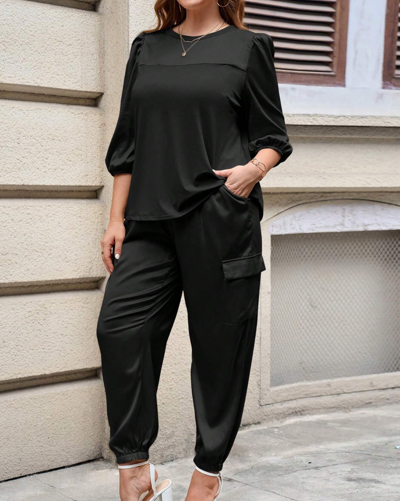 Conjunto Casual de Verano para Mujer de 2 Piezas con Camisa de Manga 3/4 y Pantalón Capri con Cordón de Ajuste