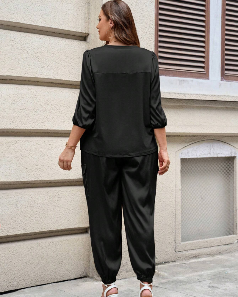 Conjunto Casual de Verano para Mujer de 2 Piezas con Camisa de Manga 3/4 y Pantalón Capri con Cordón de Ajuste