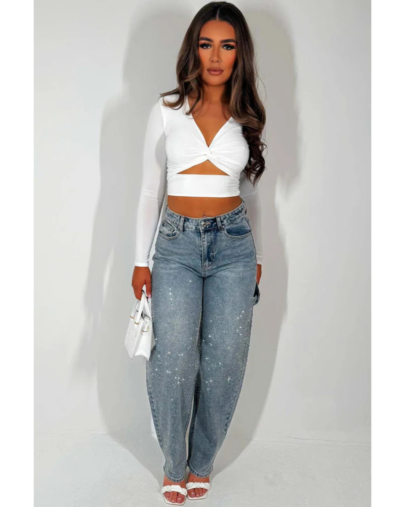 Pantalón Ancho con Detalles de Brillantes y Estilo Cargo