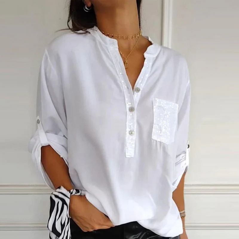 Camisa Casual de Manga Larga para Mujer con Bolsillo y Detalles de Lentejuelas