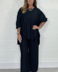 Conjunto Casual de Mujer con Blusa Asimétrica y Pantalón de Piernas Anchas