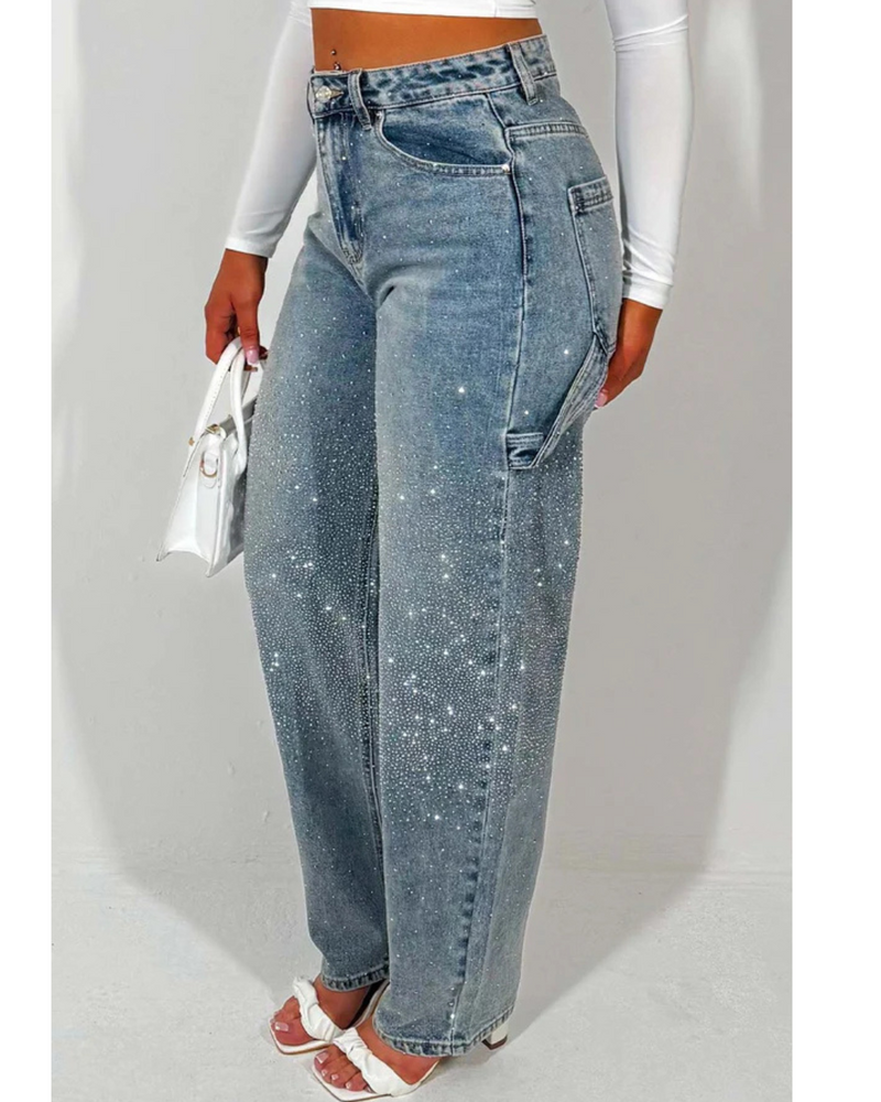 Pantalón Ancho con Detalles de Brillantes y Estilo Cargo