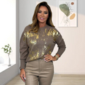 Jersey de Cuello Redondo con Estampado Metálico Dorado