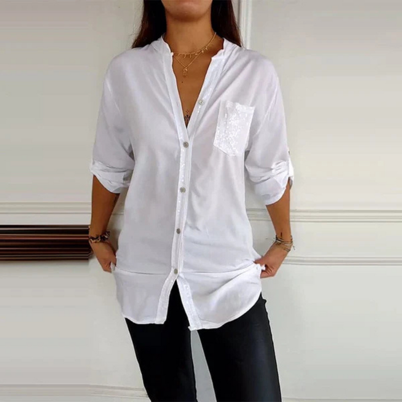 Camisa Casual de Manga Larga para Mujer con Bolsillo y Detalles de Lentejuelas