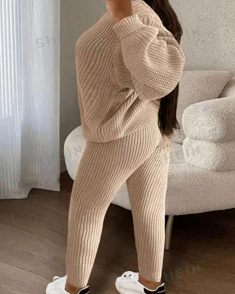 Conjunto Casual de Jersey de Manga Larga con Cuello Redondo y Pantalón Unicolor