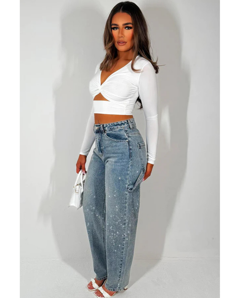 Pantalón Ancho con Detalles de Brillantes y Estilo Cargo