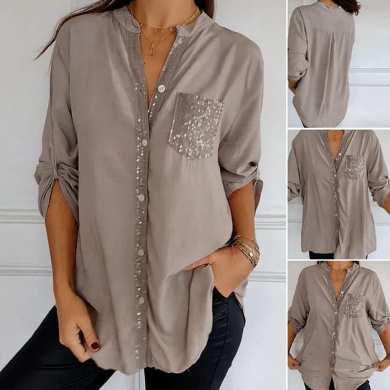 Camisa Casual de Manga Larga para Mujer con Bolsillo y Detalles de Lentejuelas