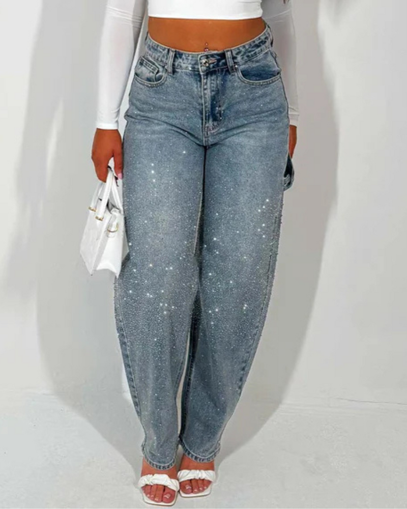 Pantalón Ancho con Detalles de Brillantes y Estilo Cargo