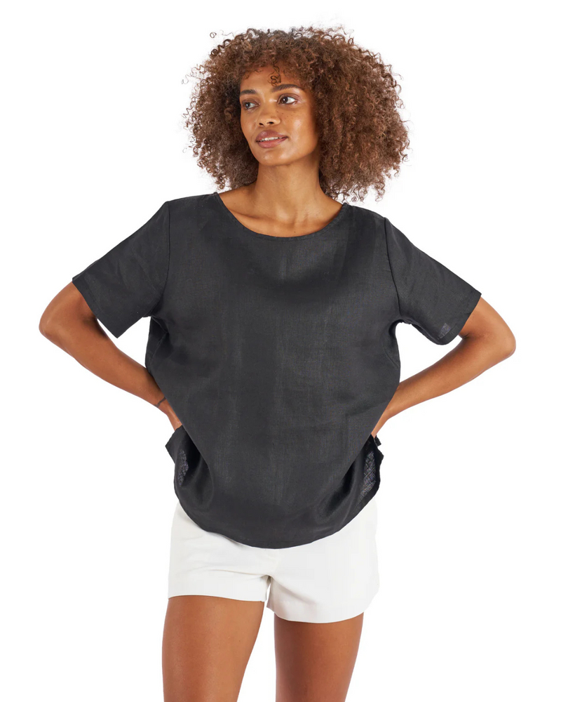 Blusa de Lino con Diseño Holgado y Mangas Cortas