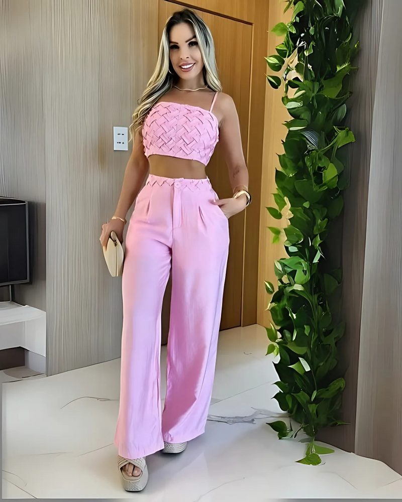 Conjunto de Verano para Mujer con Pantalón Palazzo y Top Corto de Tirantes