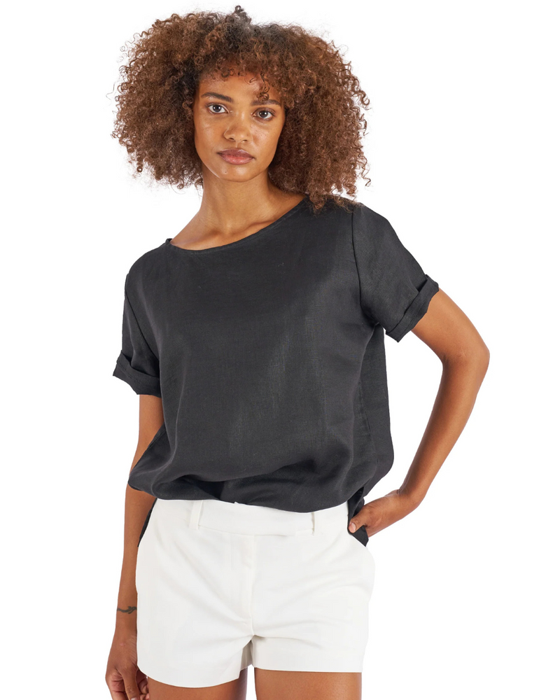 Blusa de Lino con Diseño Holgado y Mangas Cortas