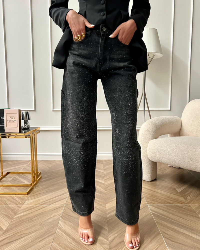 Pantalón Ancho con Detalles de Brillantes y Estilo Cargo