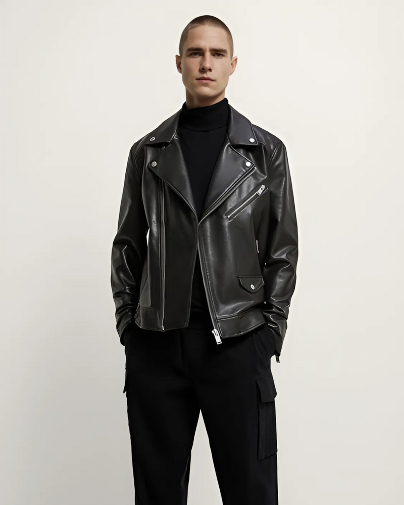 Chaqueta Clásica de Cuero con Solapa para Hombres